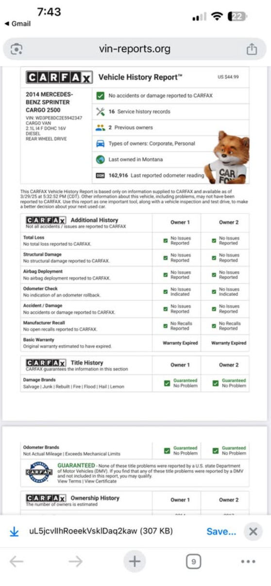 2014 Freightliner/Mercedes-Benz Sprinter – 170” High Roof, Dealer Serviced